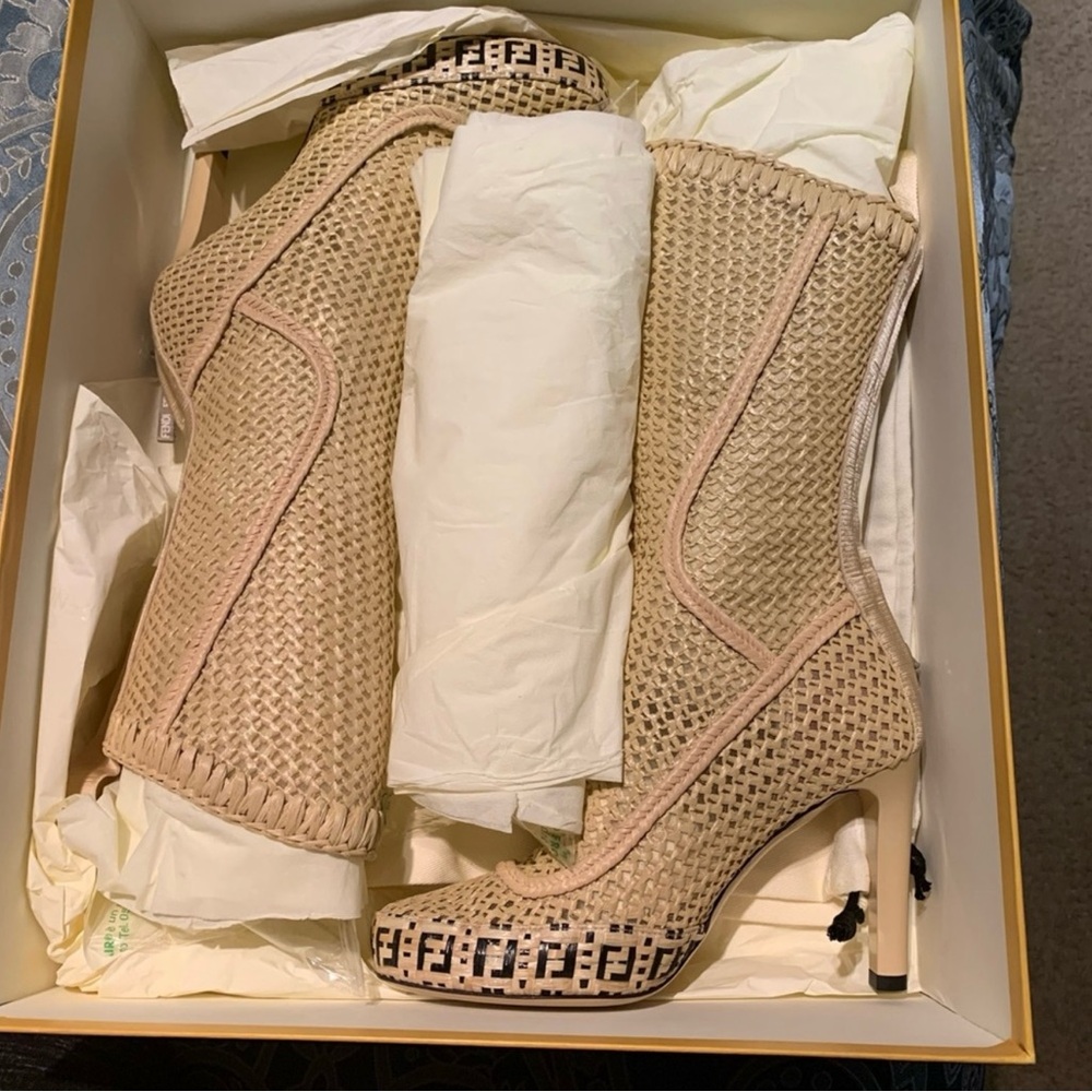Authentic Fendi Neutral Woven Raffia Mid-Calf Booties. New with box